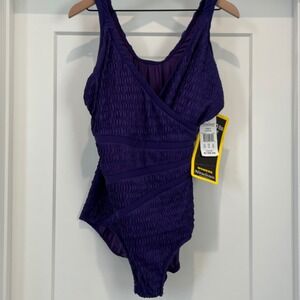Miraclesuit One-Piece Swimsuit Purple Ruched Wrap Front Shaping Swimwear 20W